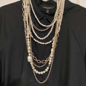 Chico's Faux Pearl Gold Layered Chain Statement Necklace